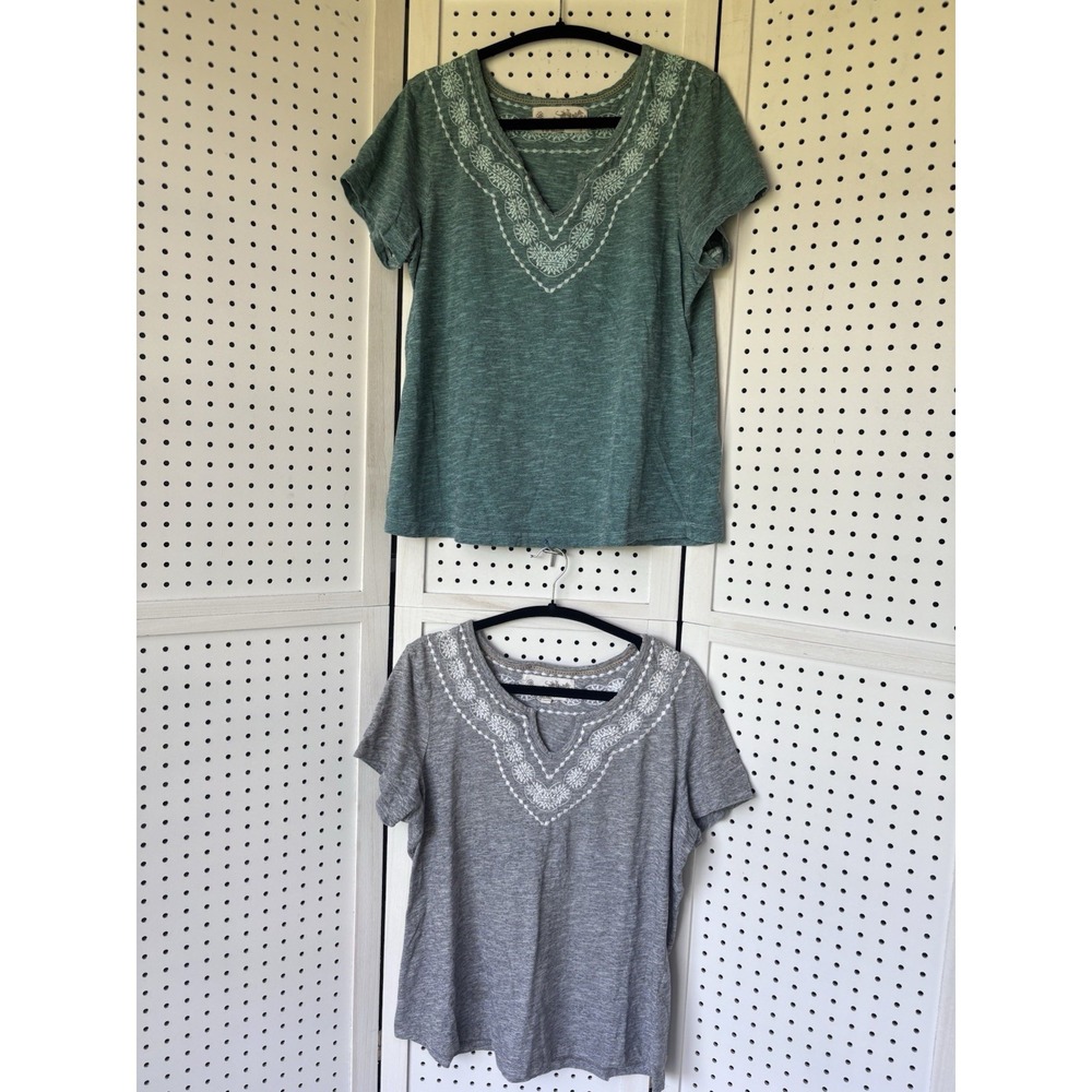 LOT/2 Adventura Clothing Short SLV Tee Shirts Women's Lg 100% Cotton Embroidered